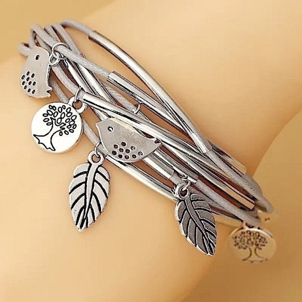 Silver Tree of Life Bird Leaf Charm Bracelet Boho Layered Wrap Stackable Jewelry